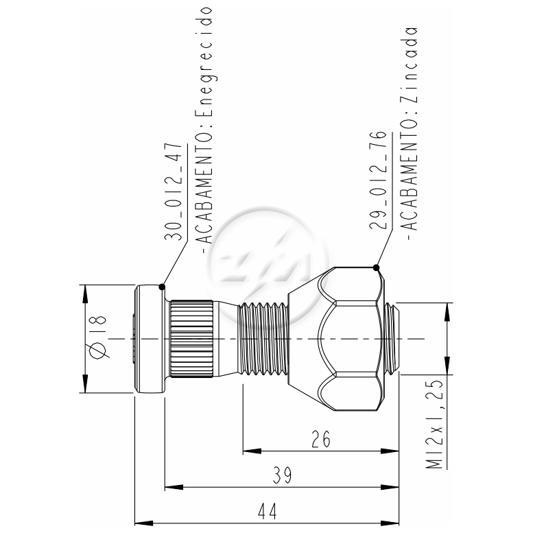Kit 50 Parafuso Roda M12-1,25x39/44xCH21xH16 - ZM - (2)