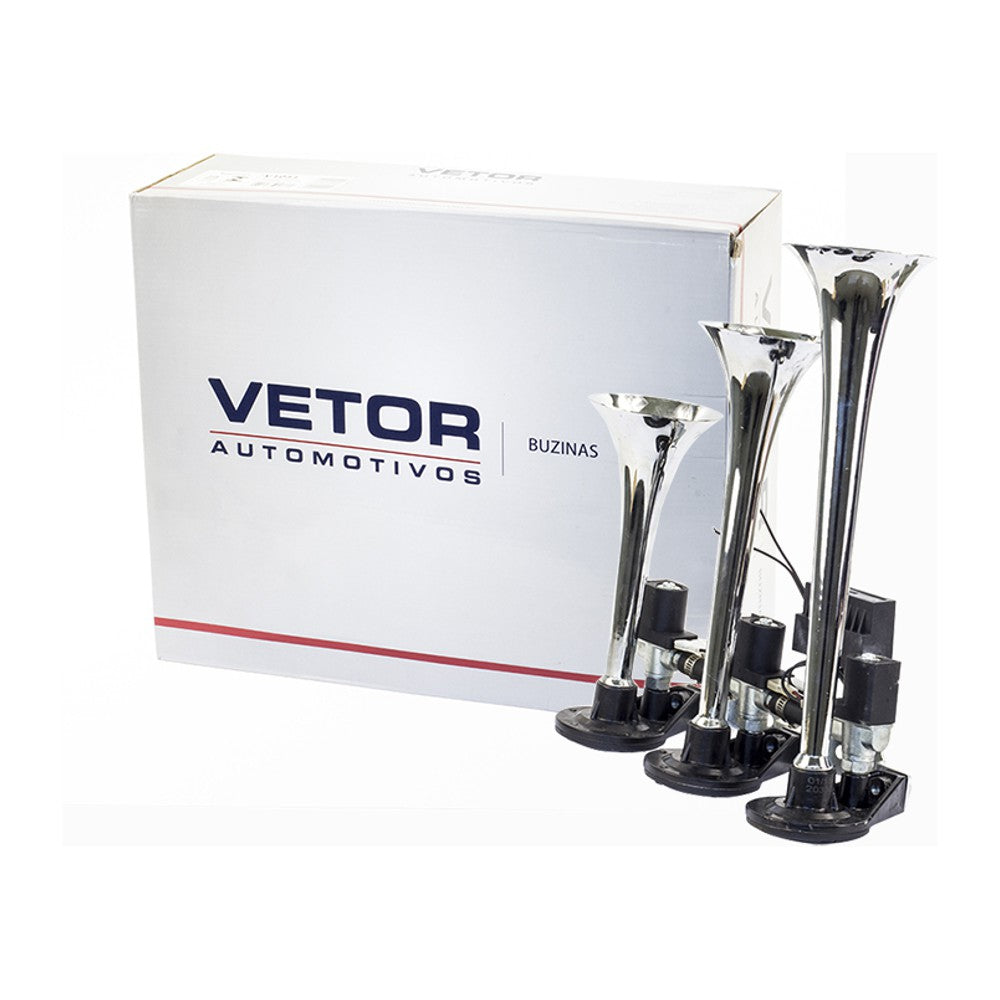 Buzina 3 Cornetas Cromada 12V com Som Alternado - Vetor - Vt051 - (3)