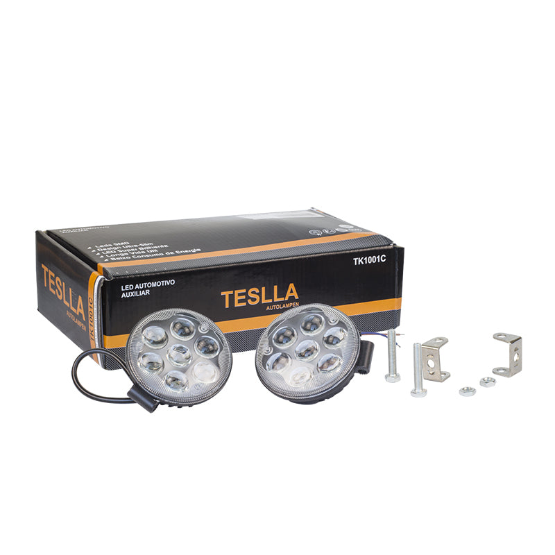 Kit Farol Auxiliar Redondo 7 LEDs 12V/24V 18W - Teslla - Tk1001C - (1)