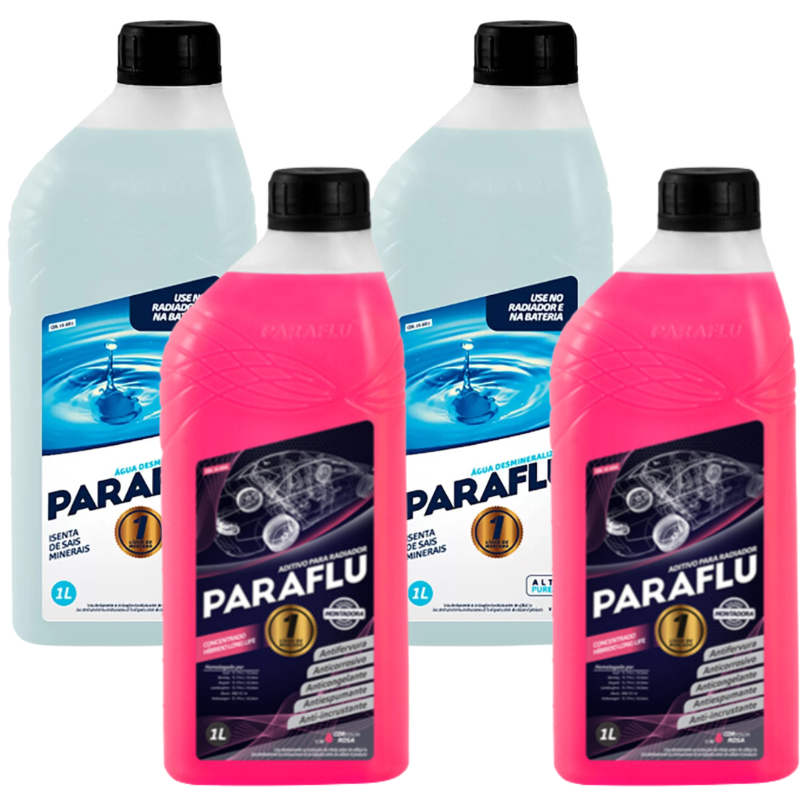 Kit 2 Litros Aditivo Radiador Concentrado Paraflu Híbrido Rosa + 2 Litros Água Desmineralizada - (1)