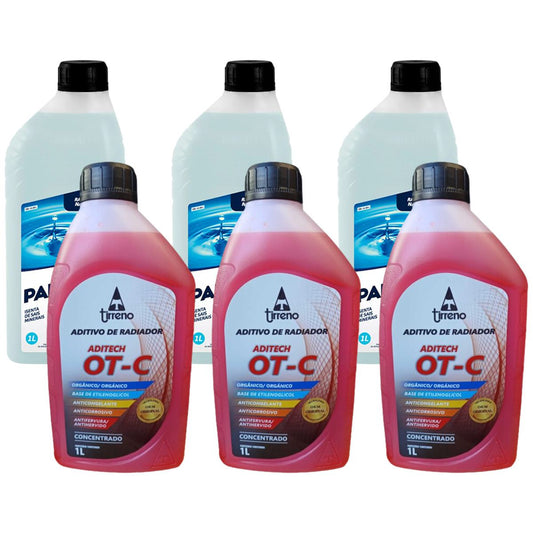 Kit 3 Litros Aditivo Radiador Concentrado Tirreno Orgânico OT-C Laranja + 3 Litros Água Desmineralizada - (1)